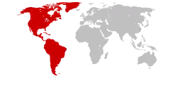 A map of the world with the Americas in red